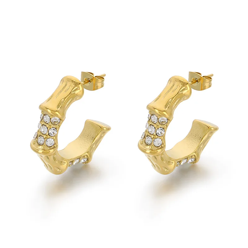Kalen Vintage Gold-Plated Square Hook Earrings Stainless Steel Rhinestones  Bamboo Joint Pearl Zircon Stud Earrings