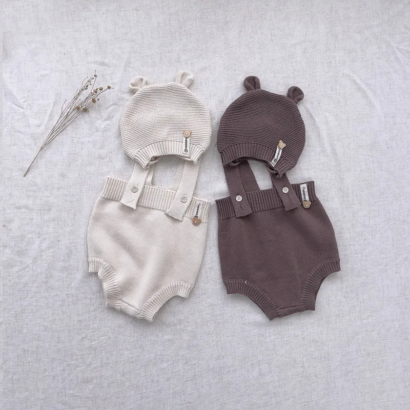 Baby Knit Romper Set Organic Cotton Sandy Beige Color Baby Boy Baby Girl Photo Prop Outfit