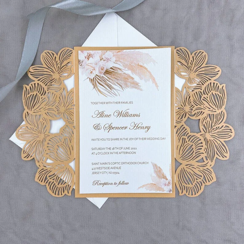 Wholesale Wedding Card Laser Cutout Luxury European Style Champagne Gold Glitter Laser Cut Wedding Invitations