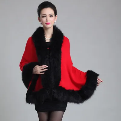 Модное женское пальто из искусственного меха на осень и зиму кожаное пончо с воротником лисьего накидки Женская шаль накидка шерстяное меховое