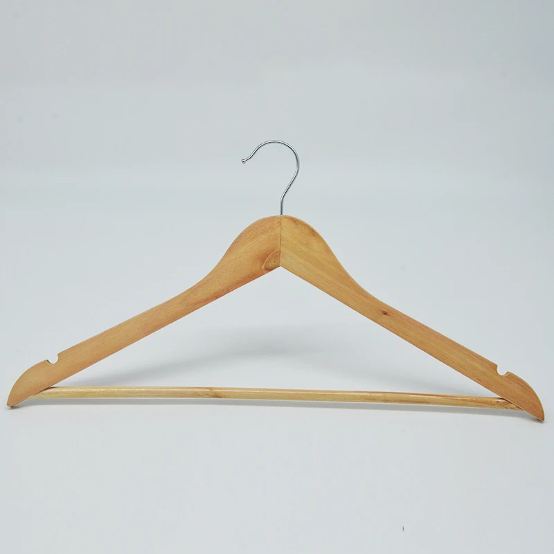 Wholesale factory price B grade wood hanger non slip notches wooden clothes shirt hanger with bar