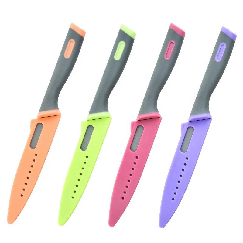 4.5' stainless steel paring knife pp TPR handle colorful peeling fruit knife with sheath