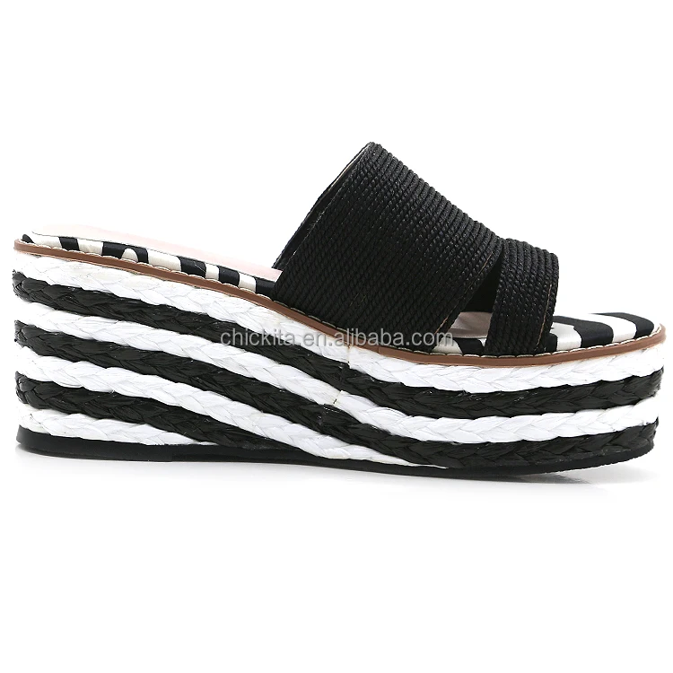 Lady two band Rope braided vamp upper  with trendy rround buckle  on braid woven Espadrille woman square toes wedge lady sandal