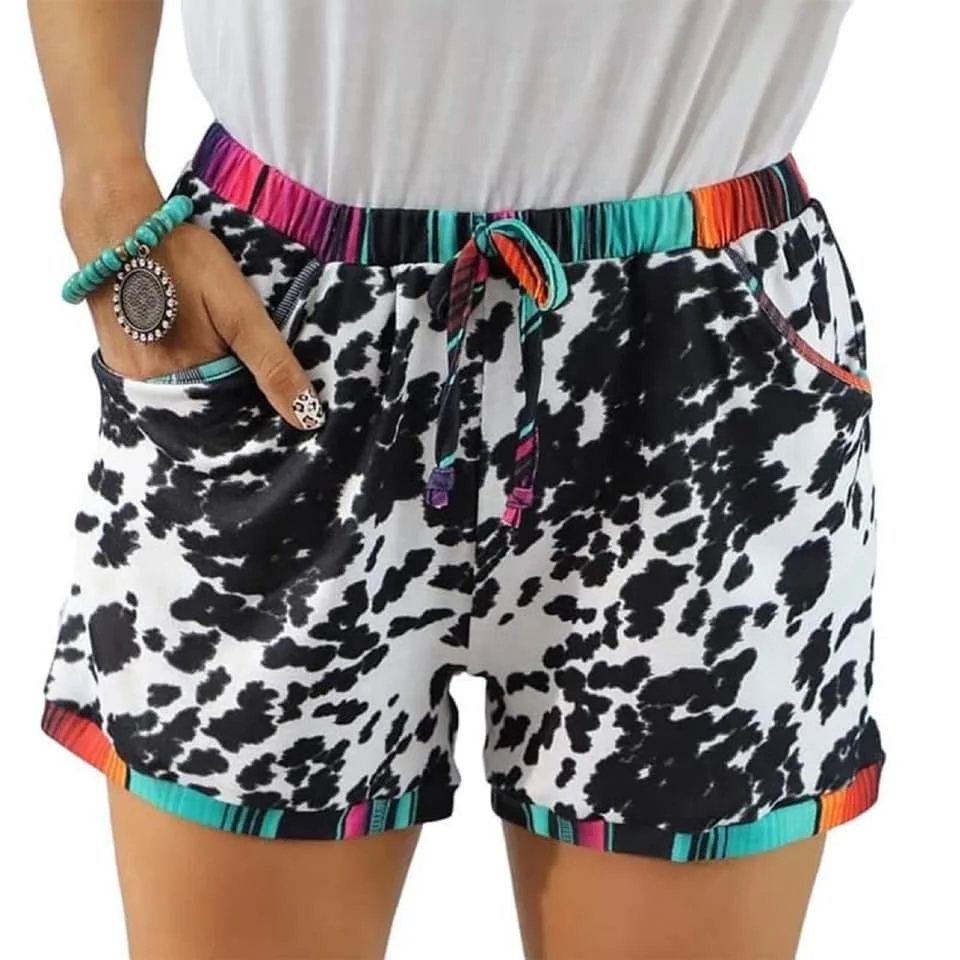 
Wholesale Monogram Women Lace Up Crazy Train Shorts Women Cow Serape Print Shorts 
