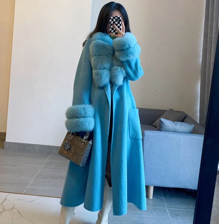 Hot Sale Cashmere Fur Coat Big Fox Fur Collar Wool Walking Coat Hand Stitched Woolen Overcoat Winter Clothes for Women