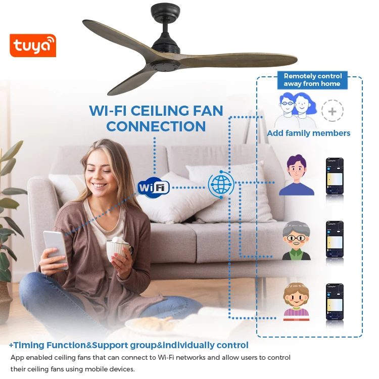 Factory direct dc ceiling fans prices timer select 5 speed tuya wifi smart wooden ceiling fan with remote