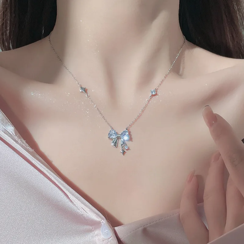 S925 Sterling Silver Star Bow Zircon Jewelry Necklace INS Style Korean Internet Celebrity Niche Design Sense Clavicle Chain
