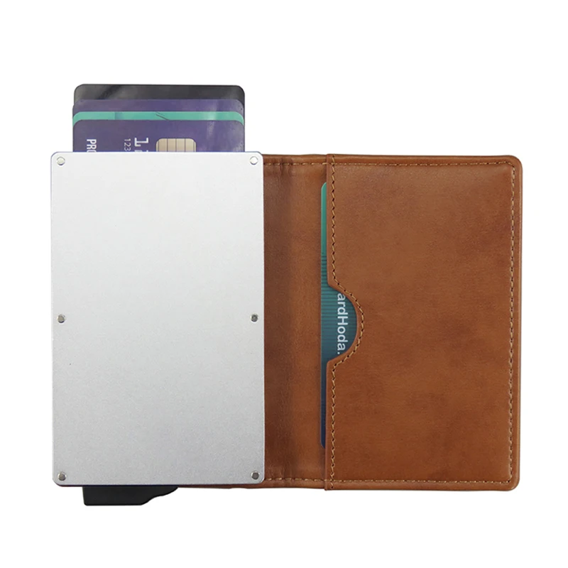 Front Pocket Bifold Crazy Horse Real Leather Wallet Card Protector Aluminum Wallet