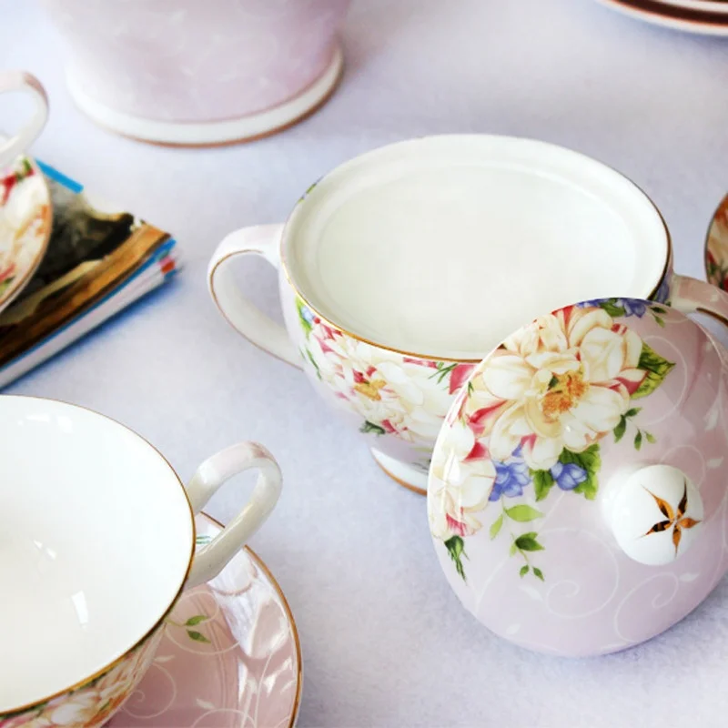 pink color with  flower and gold line  good quality bone china coffee tea set