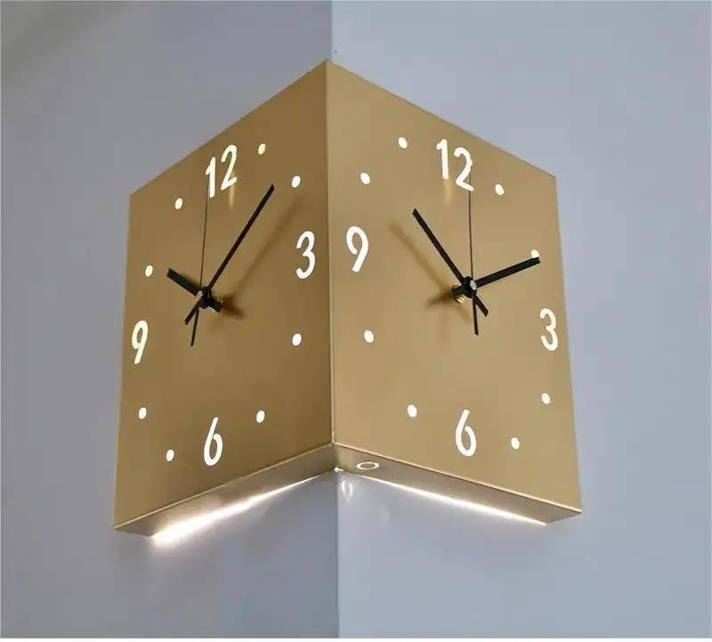 Modern luminous Corner Wall Clock Square Livingroom Decoration Simple Double Sided Clock Induction luminous Corner Wall Clock