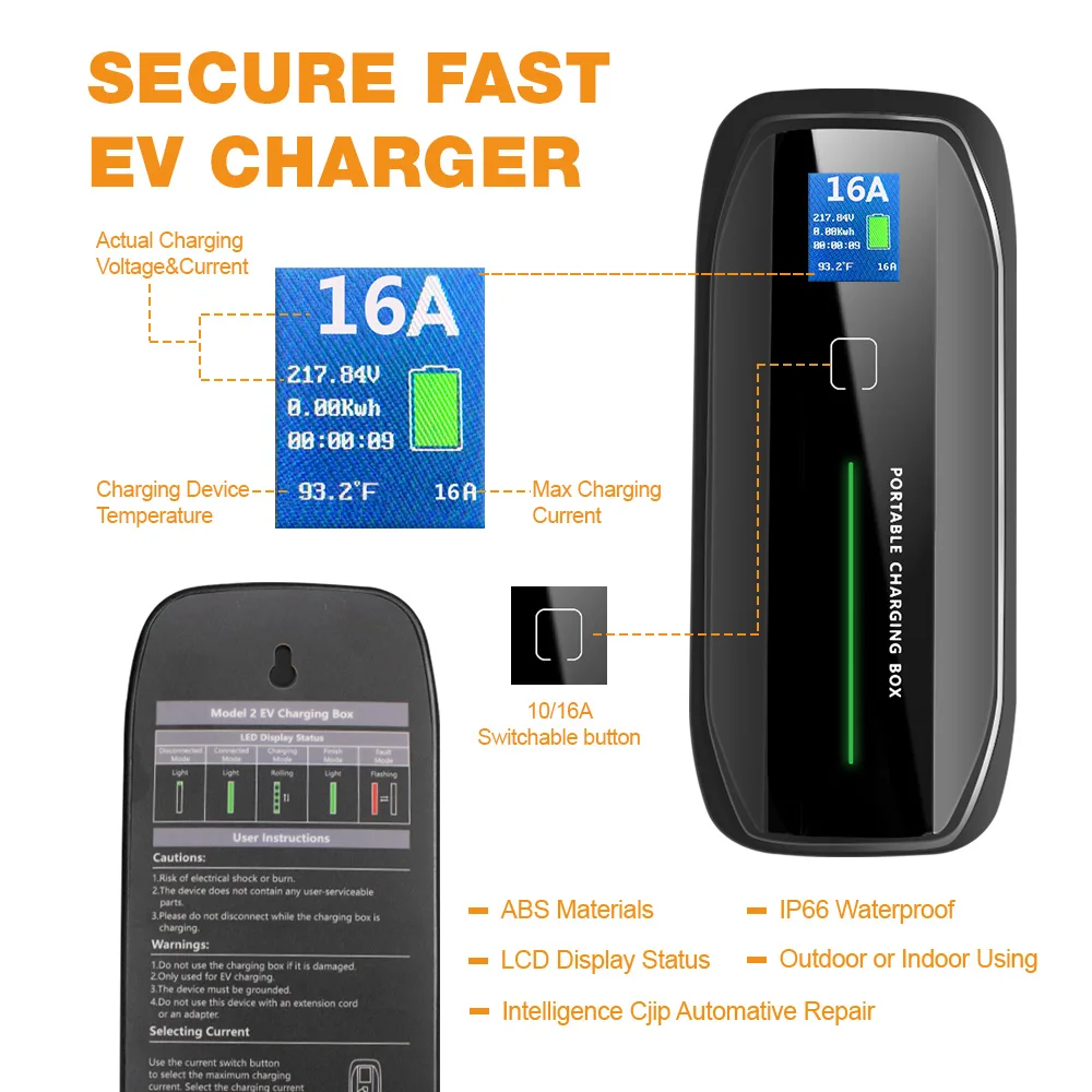 16A SAE J1772 Type1 to Schuko Plug Level 2 Portable EV Charging Box