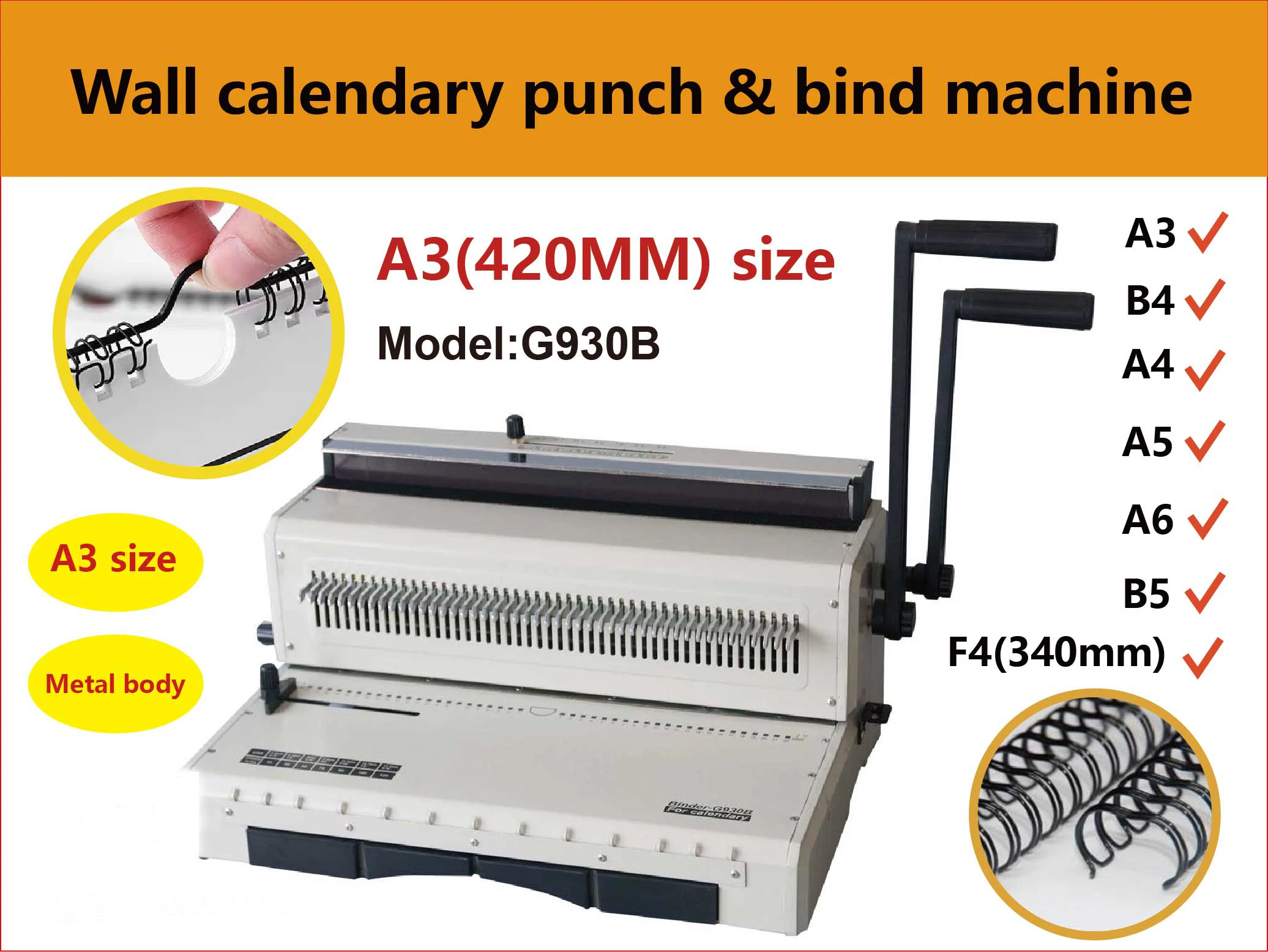 G930B A3 size wire 3:1 calendar binding machine