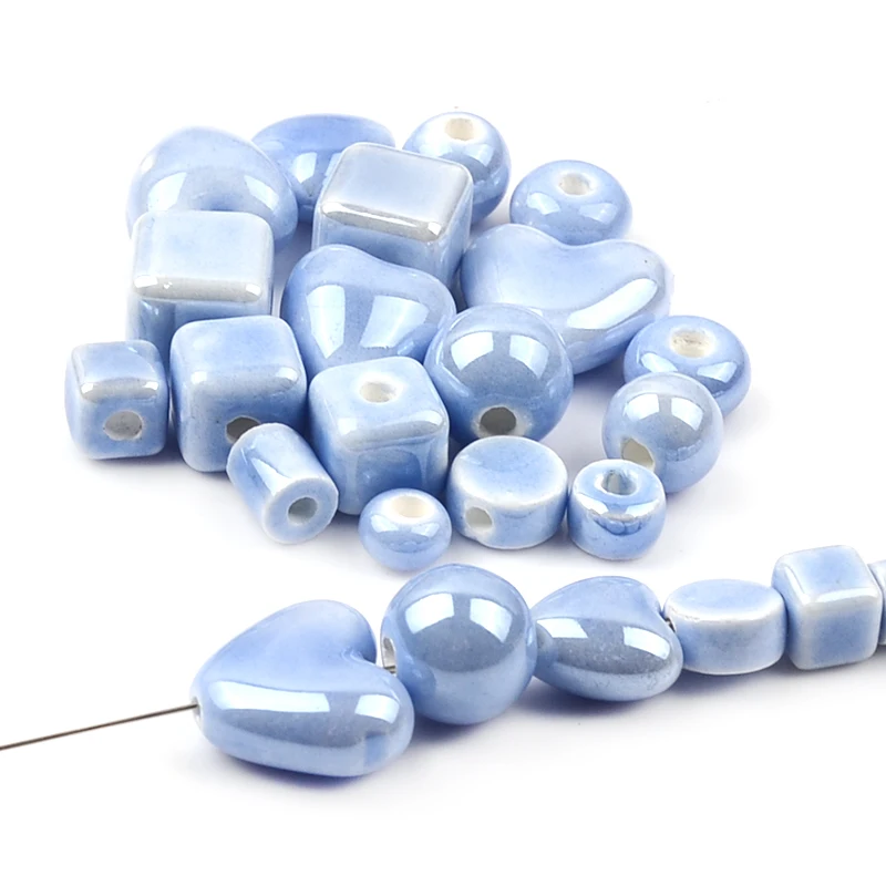 Light Blue Series Chinese Ceramic Beads Square Cube Round Flat Cylinder Heart Shape Porcelain  for Jewelry Making DIY