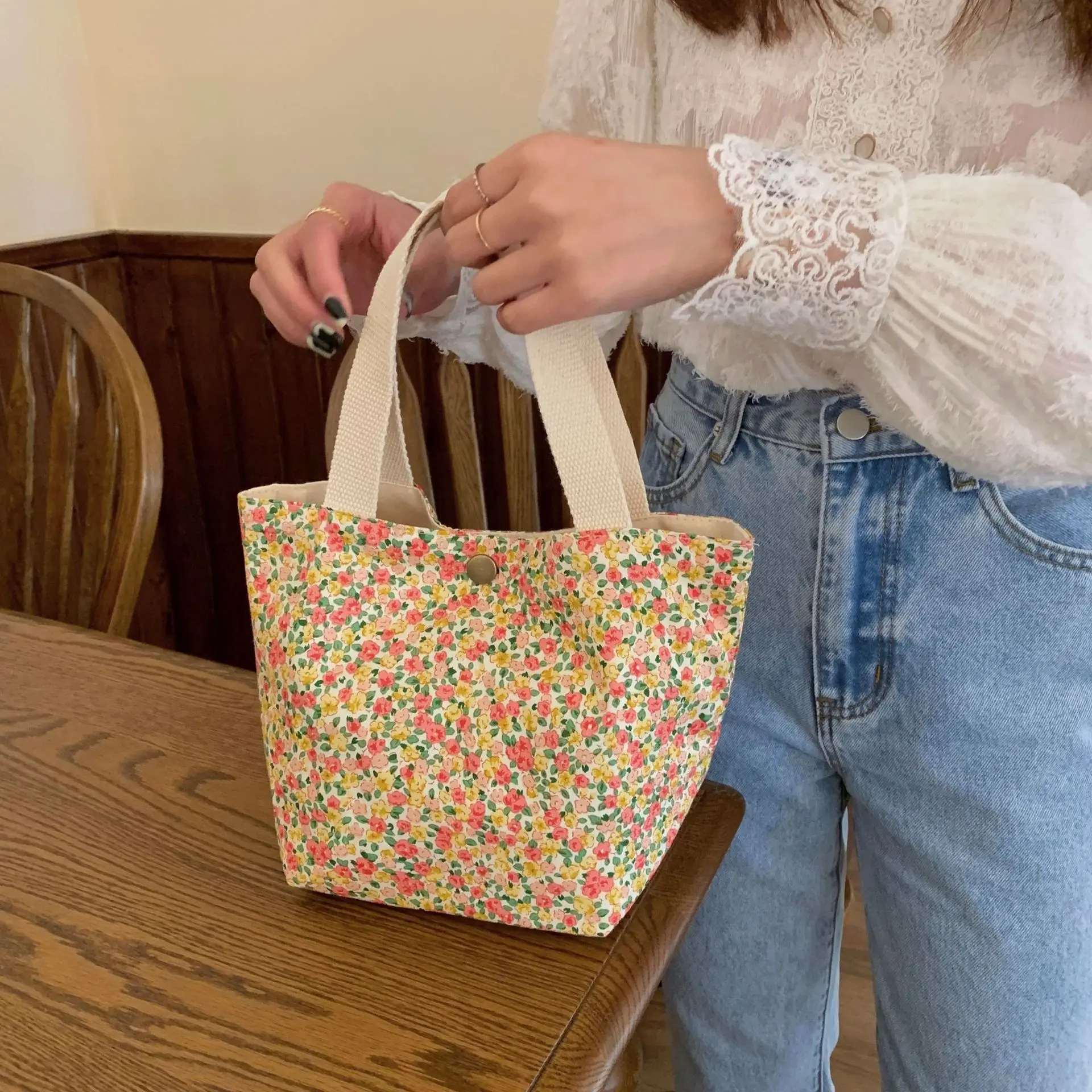 Custom Small Floral Tote Shoulder Mini Cloth Bag Rustic Style Casual Bento Bag Buckle Handbag