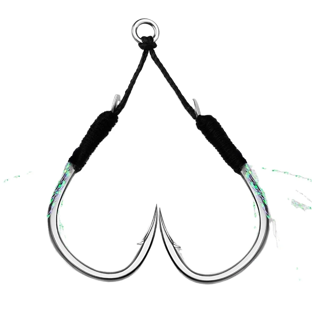 5Pair/Bag Jigging Fishing Assist Hooks 11-13-15-16-17-18-19-20# UV Light Double Barbed Jig Fishhooks with Glow Feather