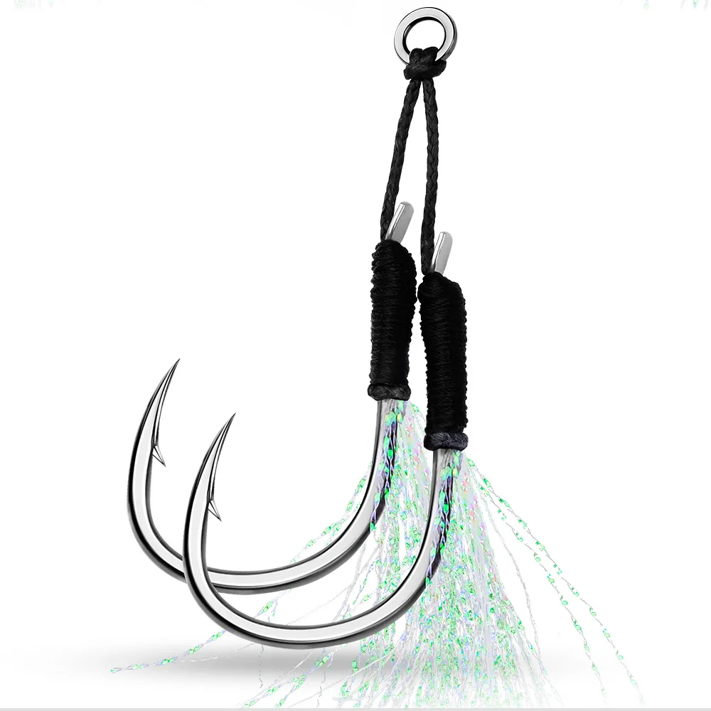 Newbility 5 Pairs Per Bag Good quality Double Fishing Hooks Sturdy Metal with Feather Fixing Auxiliary Lures for Deep Sea