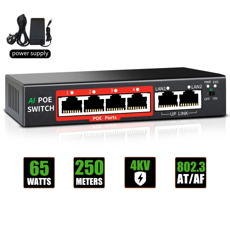 LOW Price 4 Ports POE Switch 10/100M  48V/65W External power supply  IEEE802.3 AT/AF suitable for CCTV, NVR, Camera
