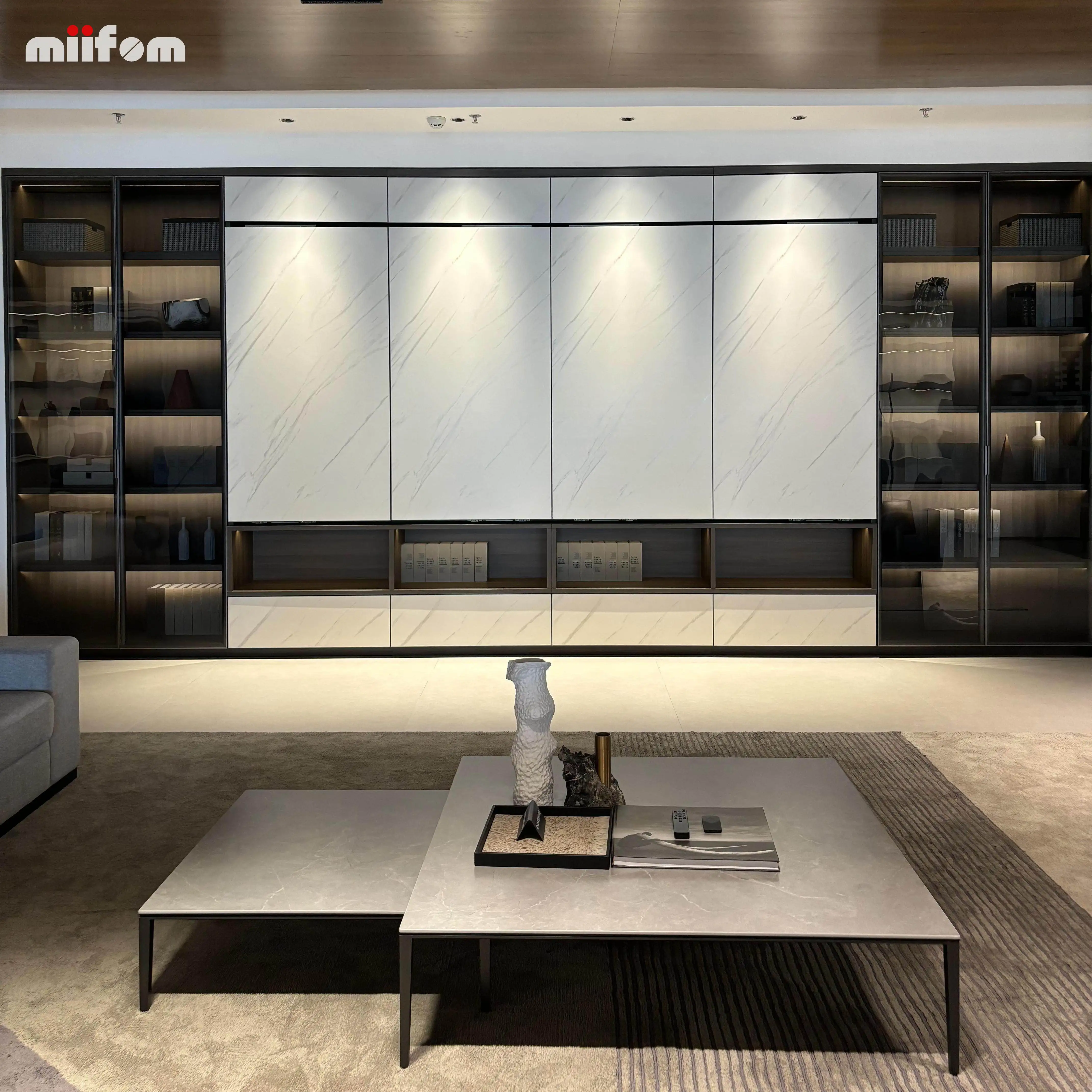 wave white slate door panel full wall TV cabinet with glass displayed cabinet and open area