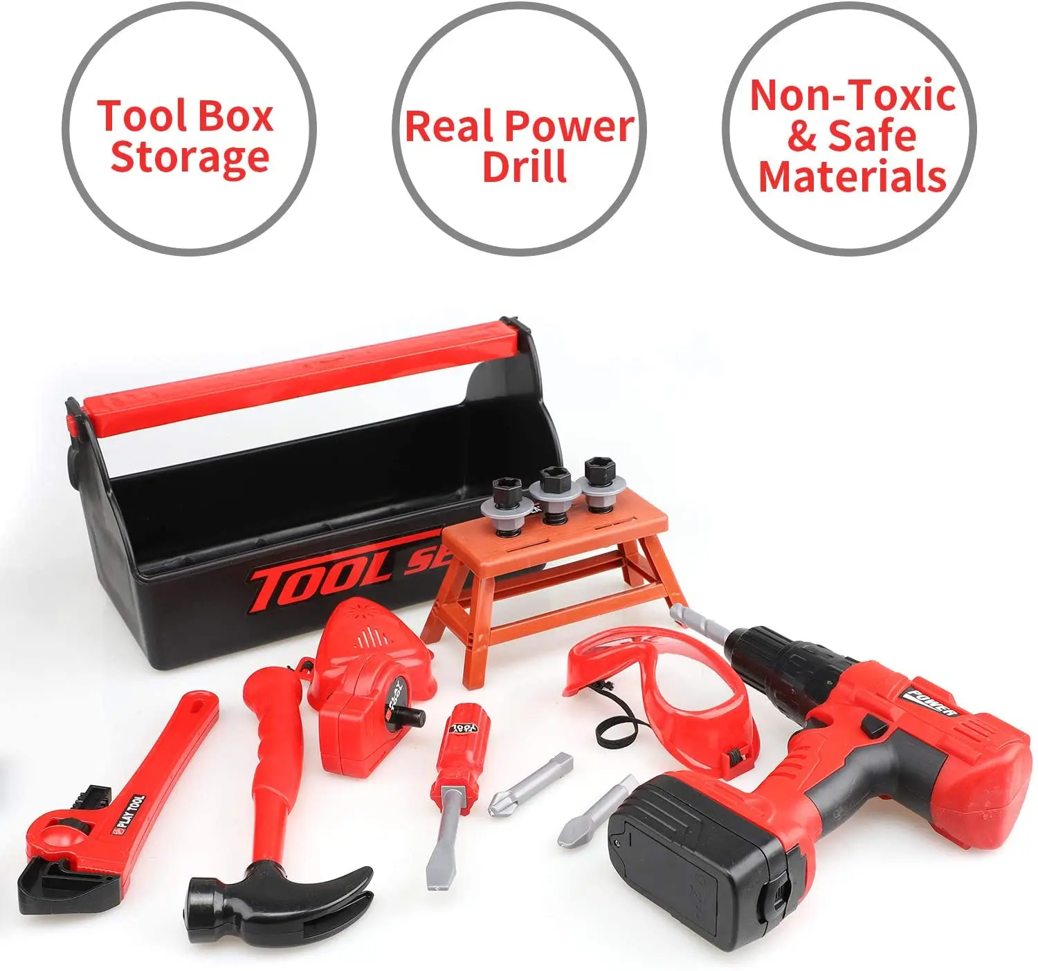 STEAM Kids Tool Set with Power Toy Drill - Toy Tool Set Contains Tool Box and Toy Hammer, Power Drill educational set for kids