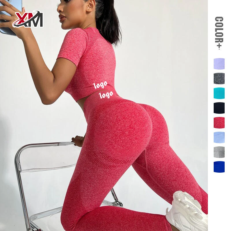 8 Colors Seamless Yoga Sets Women Basic Vest Tshirt Top Tummy Control Peach Hip Lift Leggings 2pcs Solid Sports Suit