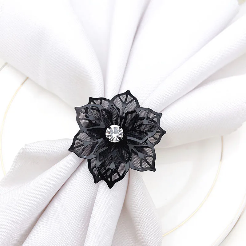 luxury black easter luxury diamond napkin rings set accessories gold silver brass red flower leaf crystal wedding fancy alloy