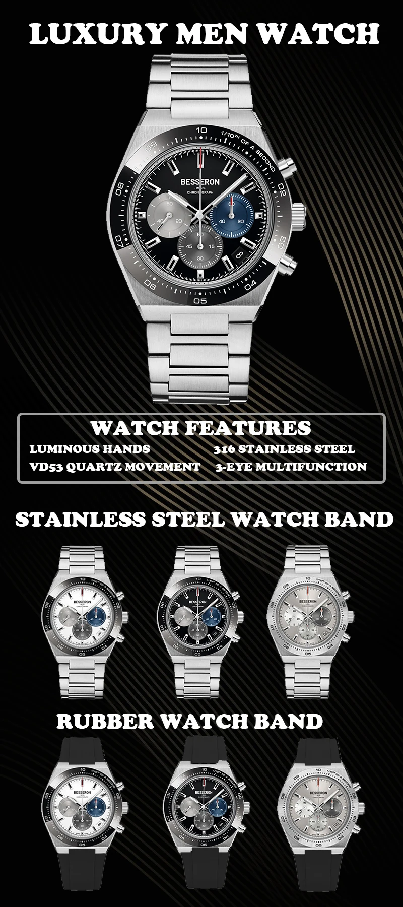 Multifunctional Three Eyes Cadran Montre Black Waterproof High-end Business chronograph Quartz Watch Japan Vd53 Movement Watch