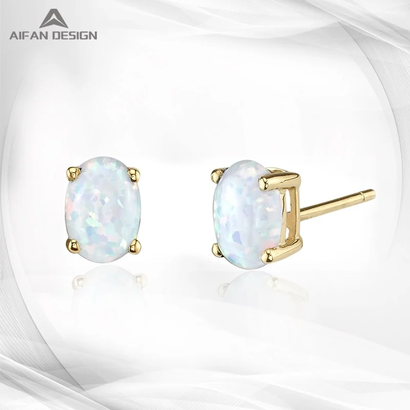 
AIFANDesugn 14K gold classic solitaire diamond stud earrings, oval, 7x5 mm, genuine or artificial gemstone, rubbed back 