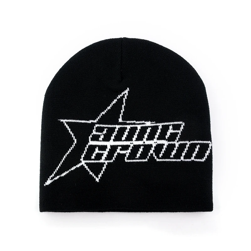 Customized stretchable rib knit fabric 100% Acrylic beanies hats all over logo knitted jacquard winter skull beanie caps