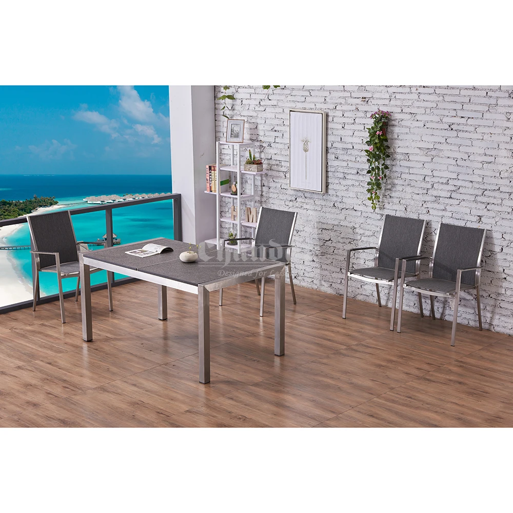 Stable Rustproof Inlay Structure 304 Grade Stainless Steel Frame Outdoor Granite Patio Garden Dining Tables And Chairs