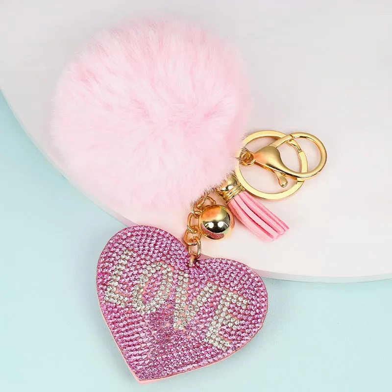 Custom Tassel Pendant Key Chain Korean Velvet Love Heart Shaped Diamond Keychains Pom Pom For Women