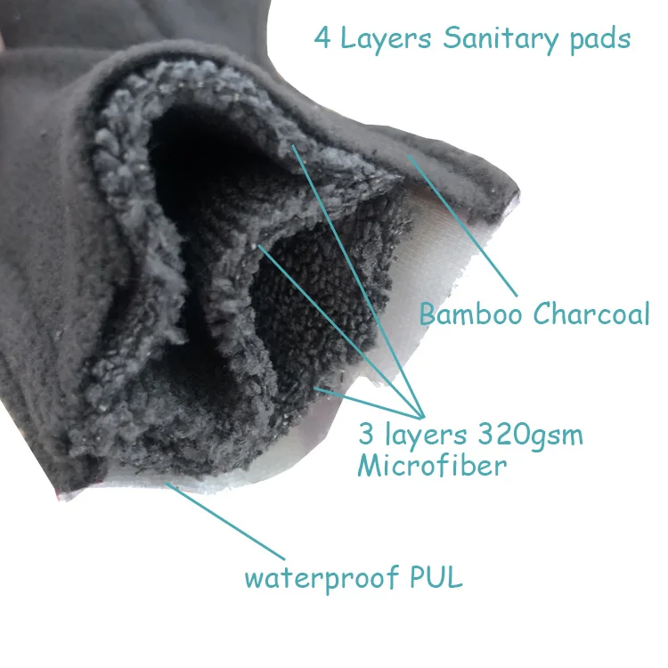 No-Slip  Silicone coating Waterproof PUL  sanitary pads  Super Absorbent OEM size Bamboo charcoal menstrual pads