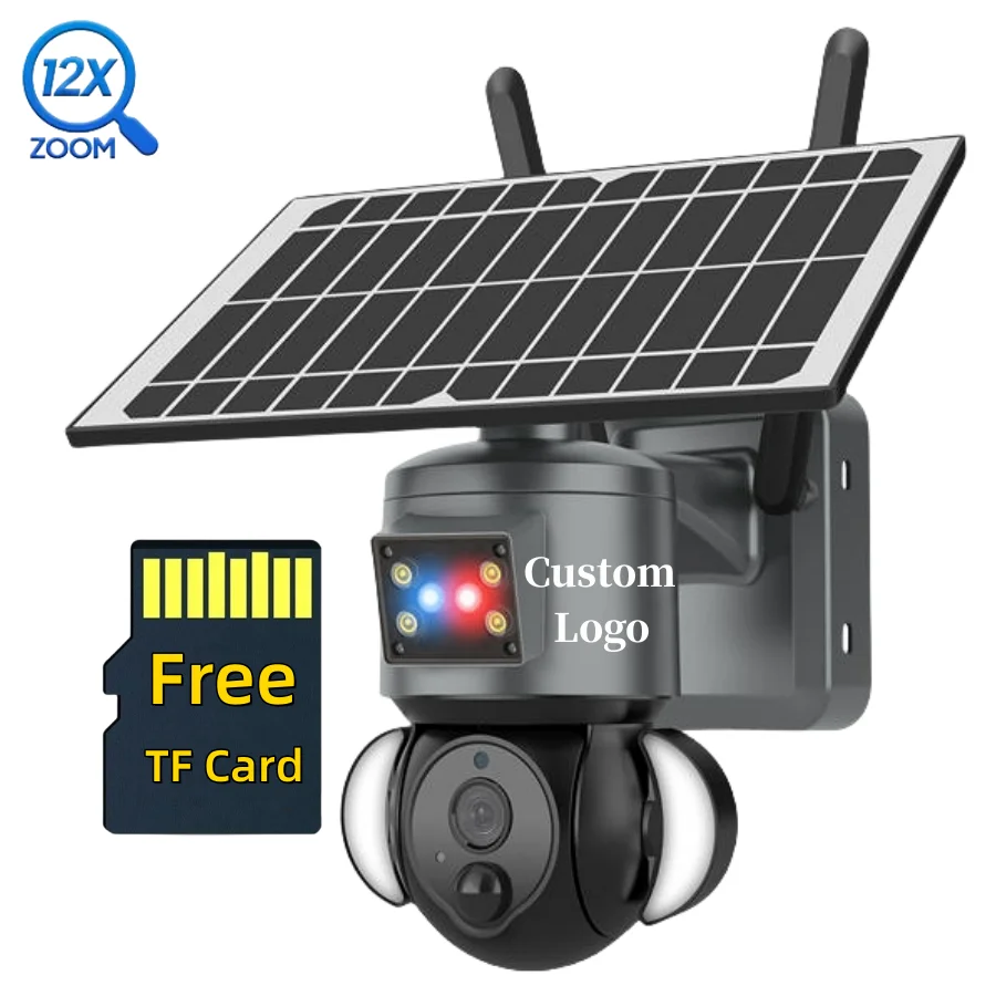 Custom Logo 6MP 4G HD PIR Human Detection PTZ Security System Speed Dome 12X Zoom 4G SIM Card Outdoor Solar CCTV Camera