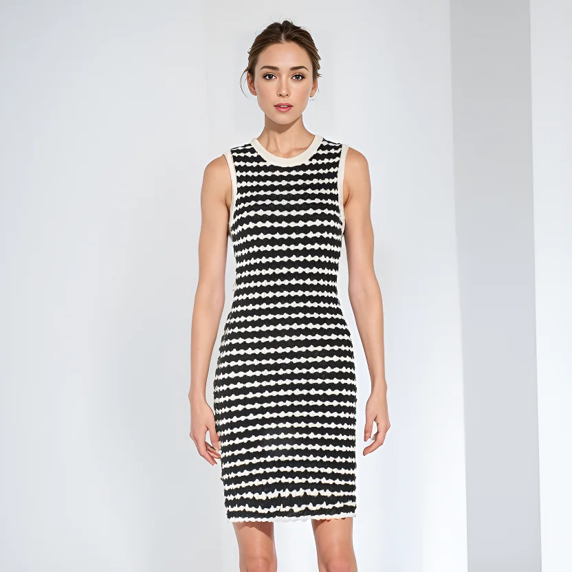 Fast Designer Custom Sweater Dress Crew Neck Ruched Sleeveless Contrast Color Striped Pattern Knitted Dresses Women