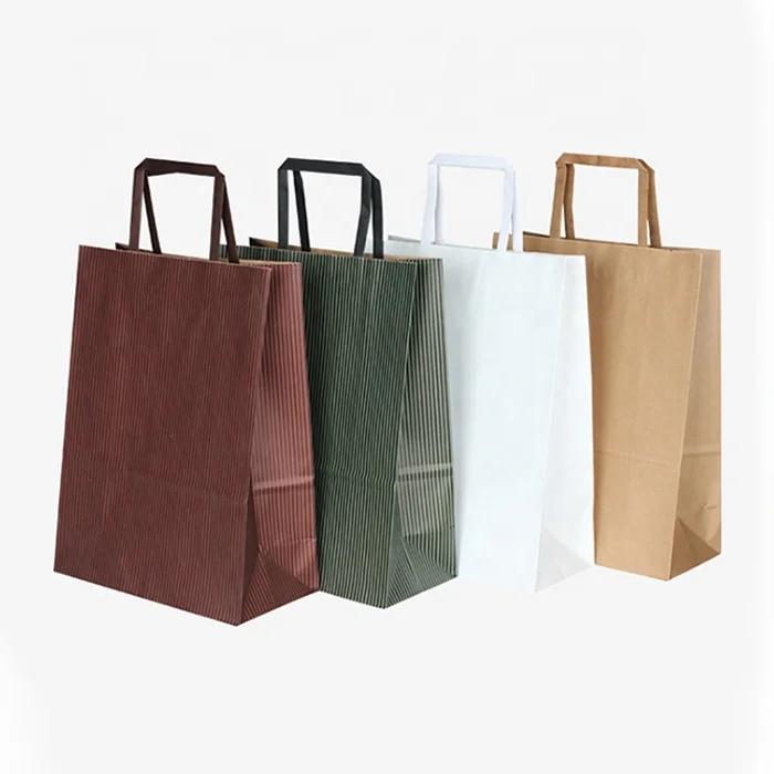 Custom Made Flat Paper Handles Brown Takeaway Fast Food Kraft Paper Bag For Restaurant Packaging
