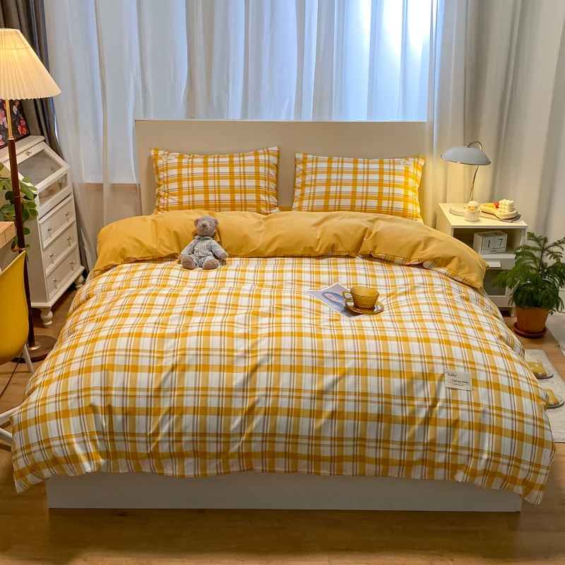 Bedding Sets High Quality Breathable Lightweight Duvet Cover Plaid Pattern Beddings Sets Collections Bed Set for Hotel Hostel