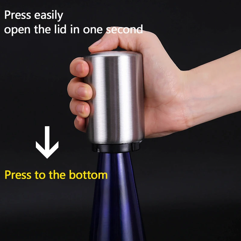 Metal Push Down Magnetic Automatic Customized Beer Bottle Stainless Steel Corkscrew Wine Opener Bottle