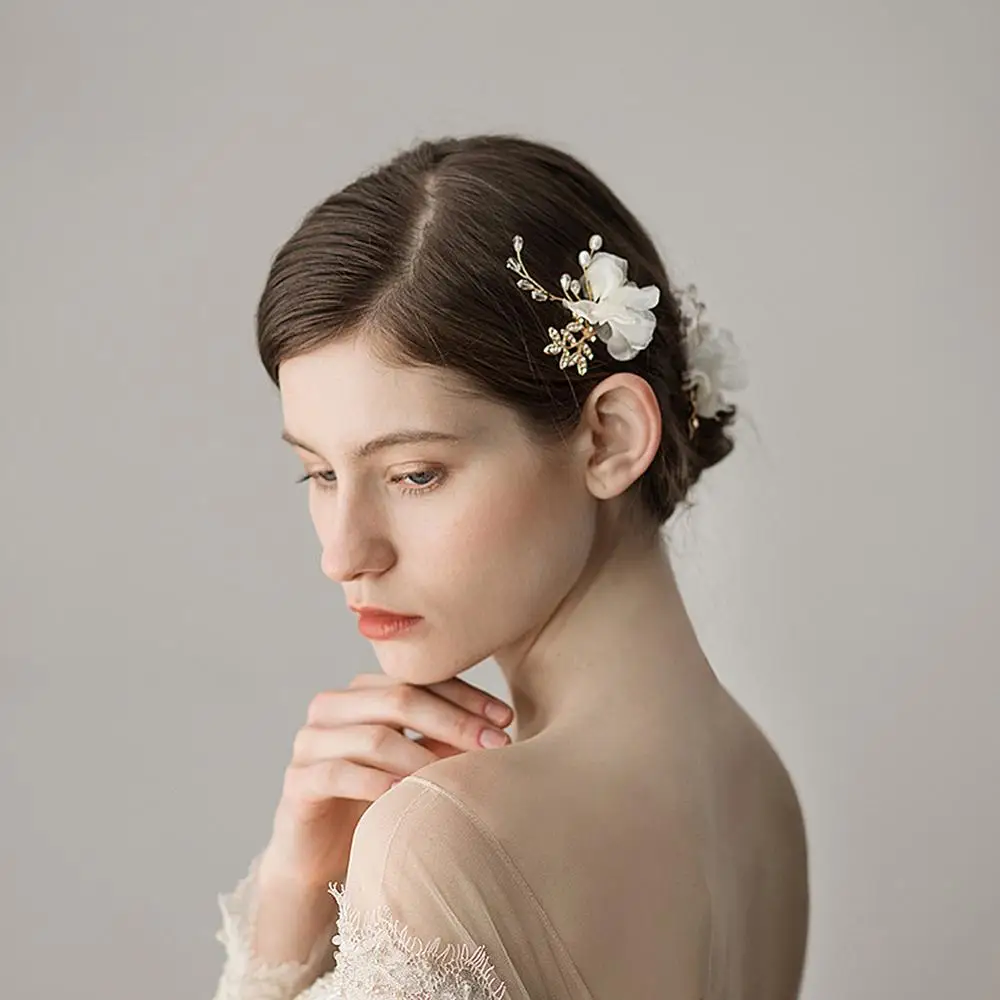  2021 New Flowers bride headdress Exquisite and beautiful chiffon flower Pearl bridal hair fork Wedding