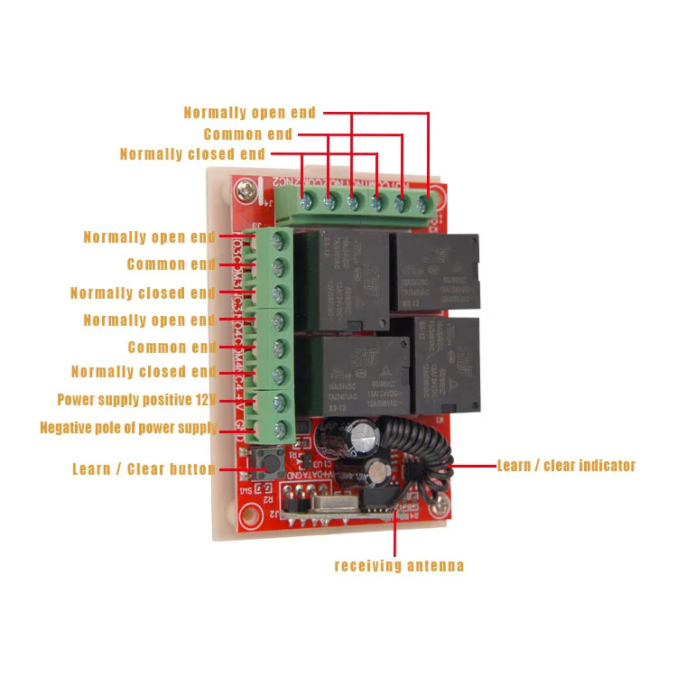Wireless four channel controller learning 315MHz / 433MHz remote control switch 12V
