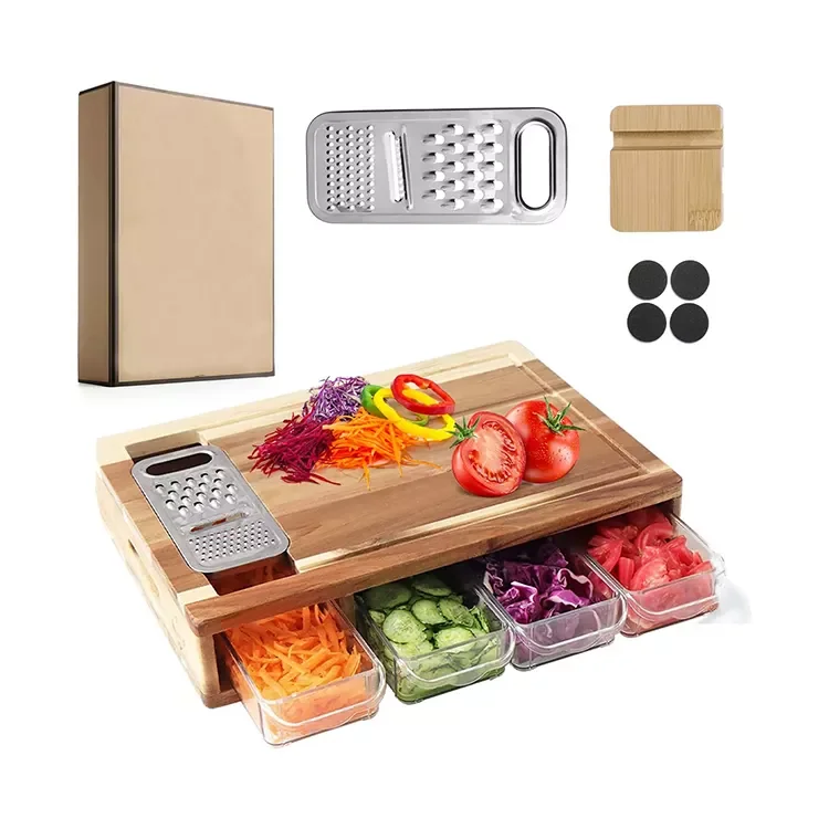 High quality new design kitchen vegetable acacia wood cutting board with containers chopping board with containers drawer