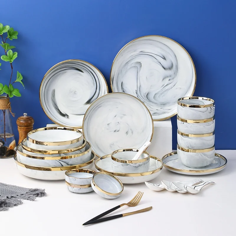 Hot Sale Porcelain Dinnerware and Serveware 16 Piece Set Golden Edge Dishes & Plates Dinner Set