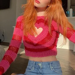 Free shipping Fashion heart hollow Designed Ladies Knitted Pullover Solid Long Sleeve O Neck Women Pullover sweet Sweater