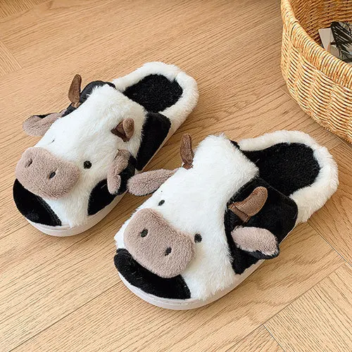 Cartoon Cow Animal Plush Slippers Kids Custom Plush Milk Cow Slippers Indoor Cow Animal Plush Slippers