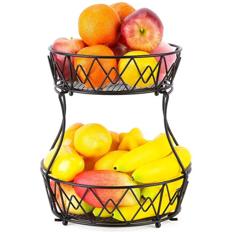 2 Tier Fruit Basket, Counter top Fruit Bowl Bread Baskets, Detachable Metal Fruits Vegetables Storage Holder Stand for Kitchen