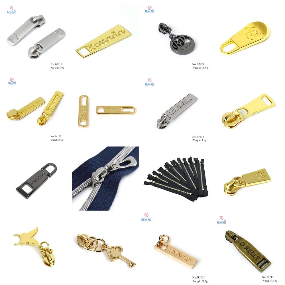 Ladies Bag Accessories Custom Metal Zipper Puller For Bag Engraved Logo Zipper Slider And Puller Set