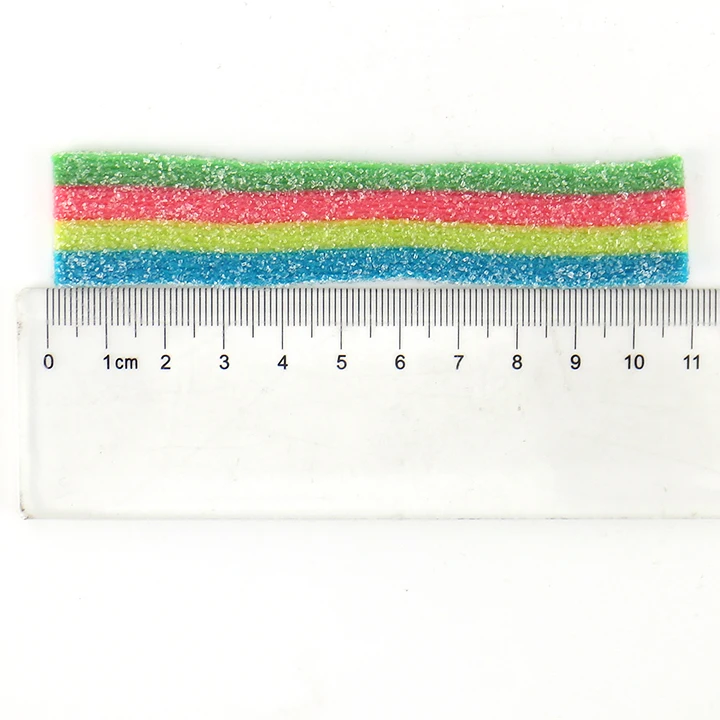 11cm Rainbow ribbon shape sour long chewing soft gummy candy in plastic box