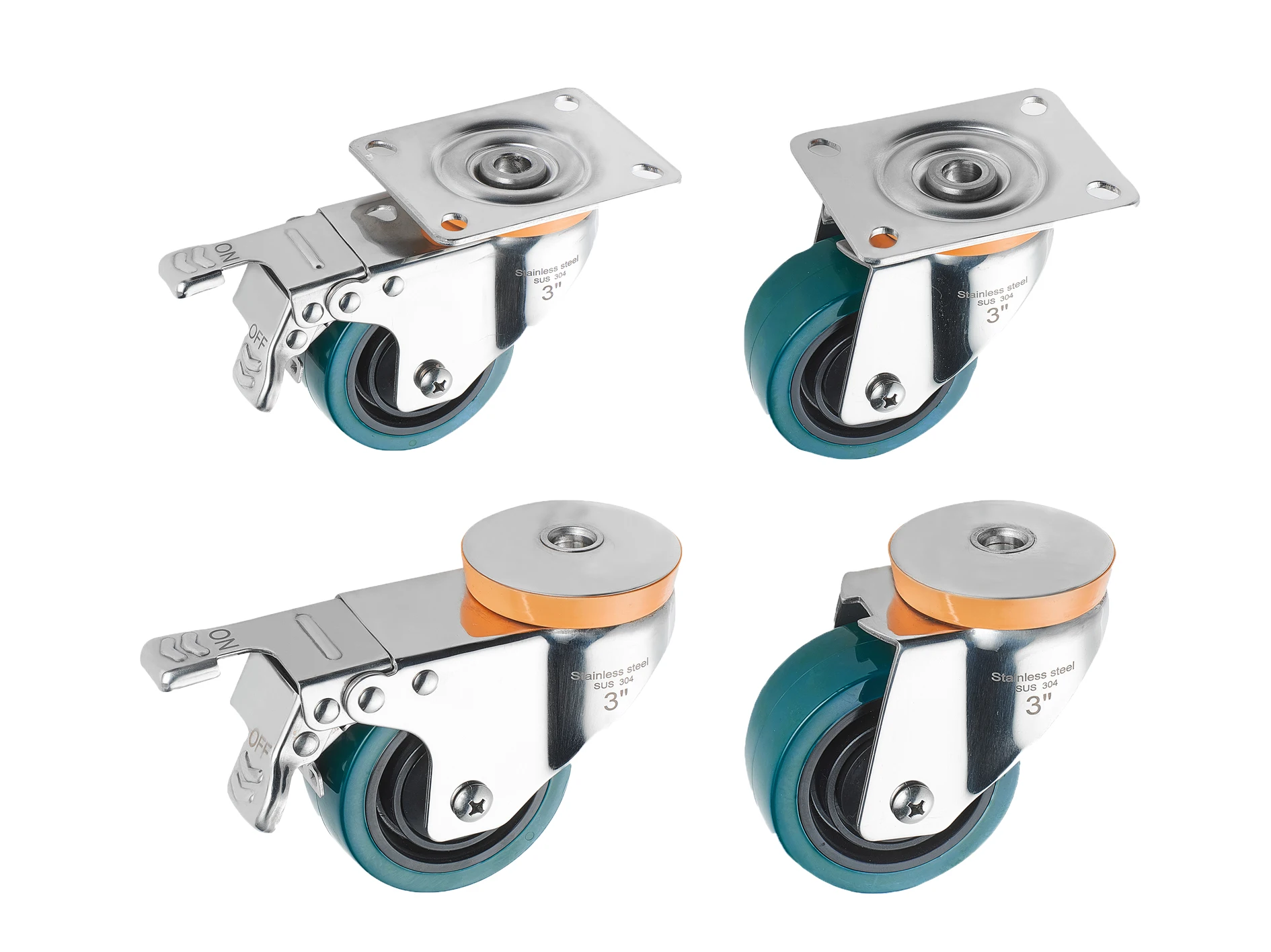 Wholesale stainless steel caster green pu wheels 3/4/5 inch universal fixed caster wheel