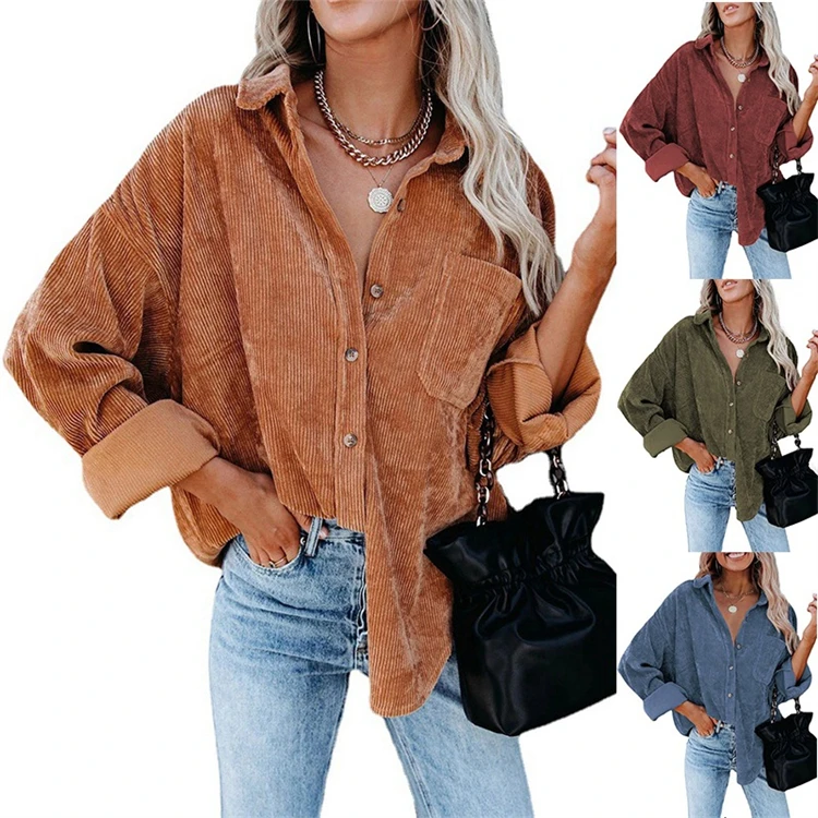 D11532 Fall fashion shirts women clothing 2021 fashion clothes corduroy loose button office shirts for women