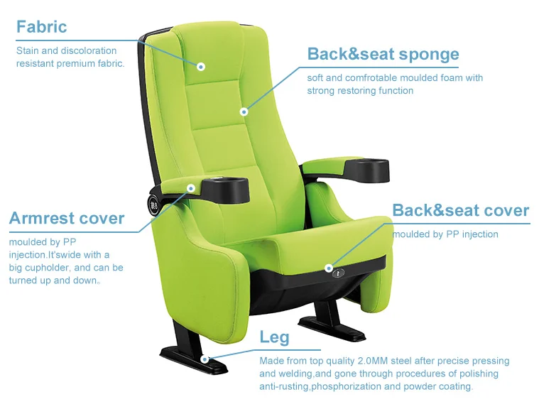 audience 3d 4d 5d cinema chair Green recliner chair folding movie theater seats with cup holder