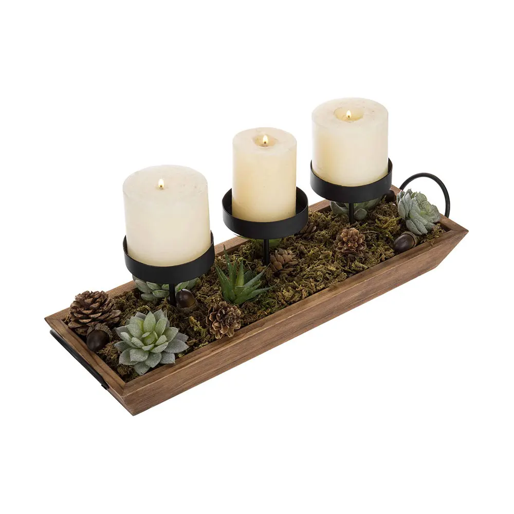 3-Pillar Black Metal Candle Holder with Rustic Wood Tray and Handles, Tabletop/Mantel Centerpiece