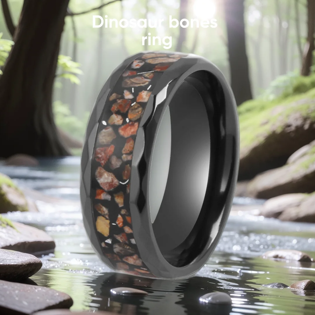 Unique and Stylish black zirconium Tungsten Carbide Ring with Dinosaur Bones Inlay titanium ring for Men